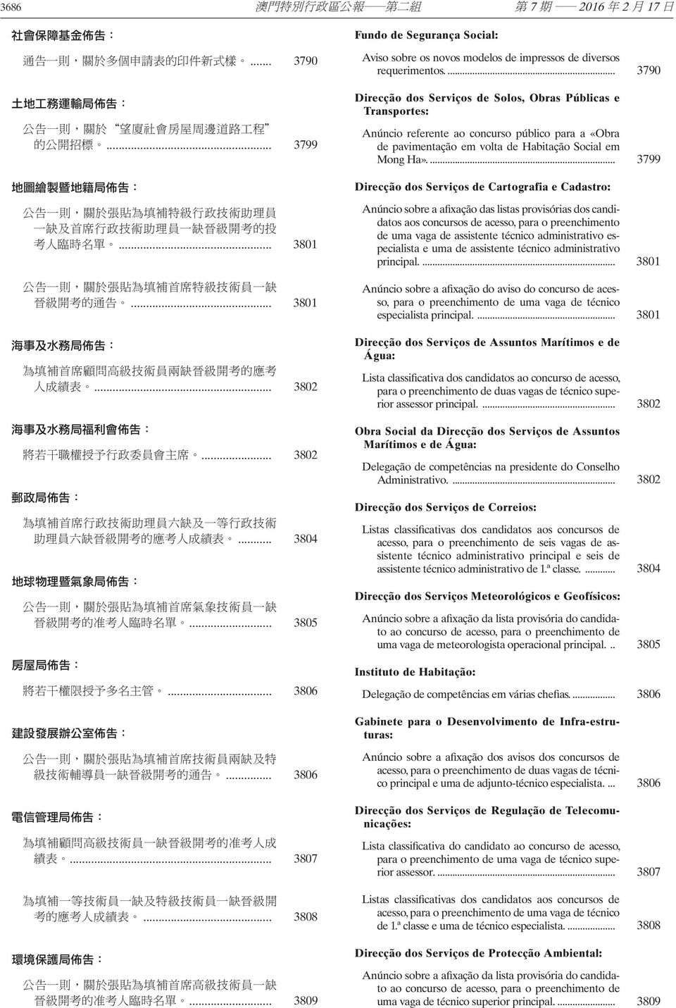 ... 3790 Direcção dos Serviços de Solos, Obras Públicas e Transportes: Anúncio referente ao concurso público para a «Obra de pavimentação em volta de Habitação Social em Mong Ha».