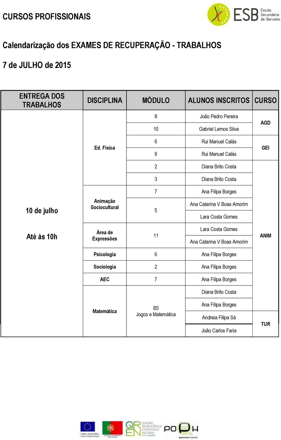 Ana Filipa Borges Ana Catarina V Boas Amorim 5 Lara Costa Gomes Até às 10h Área de Expressões 11 Lara Costa