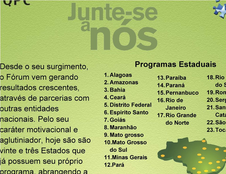 Bahia 4. Ceará 5. Distrito Federal 6. Espirito Santo 7. Goiás 8. Maranhão 9. Mato grosso 10.Mato Grosso do Sul 11.Minas Gerais 12.