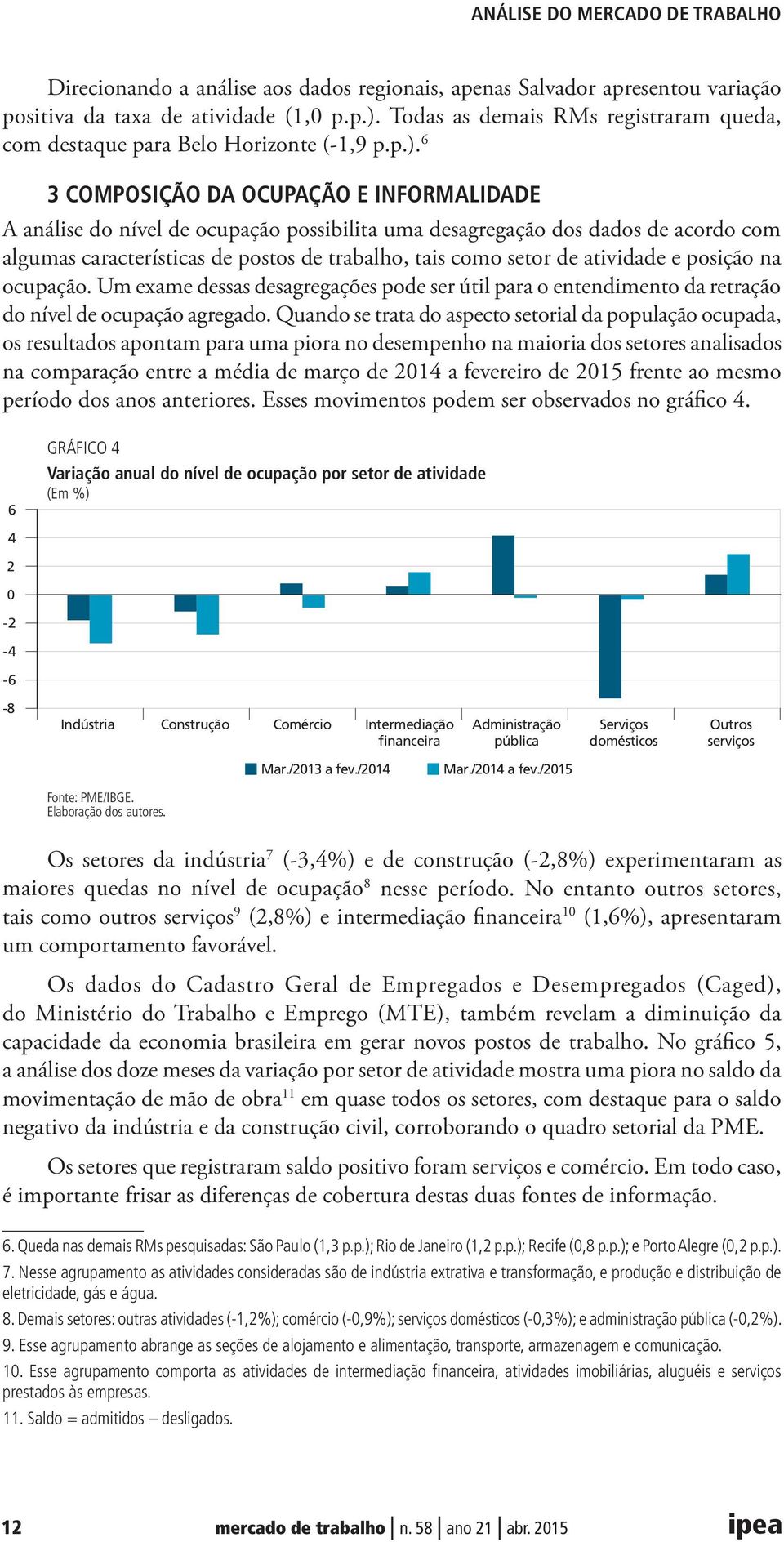 6 3 COMPOSIÇÃO DA OCUPAÇÃO E INFORMALIDADE A análise do nível de ocupação possibilita uma desagregação dos dados de acordo com algumas características de postos de trabalho, tais como setor de