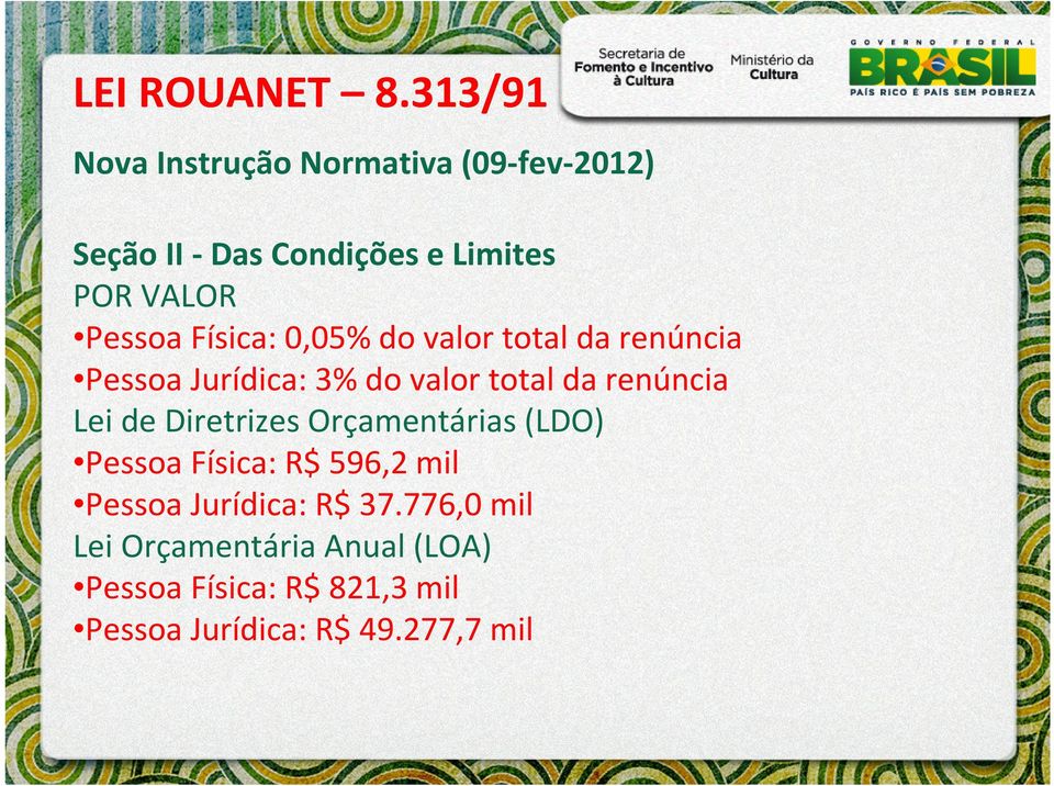 de Diretrizes Orçamentárias (LDO) Pessoa Física: R$ 596,2 mil Pessoa Jurídica: R$ 37.