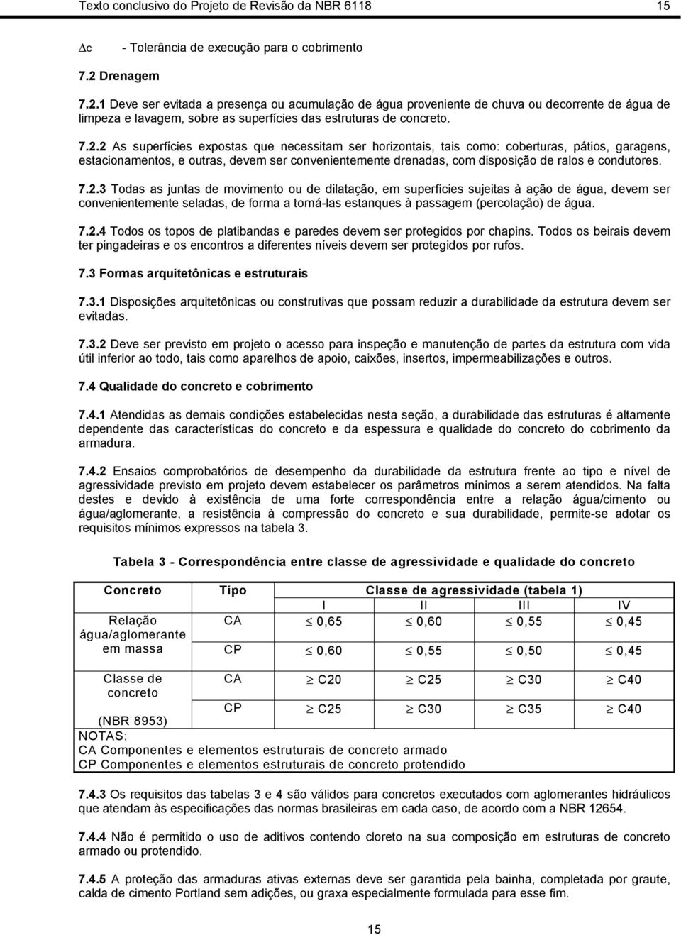 1 Deve ser evitada a presença ou acumulação de água proveniente de chuva ou decorrente de água de limpeza e lavagem, sobre as superfícies das estruturas de concreto. 7.2.