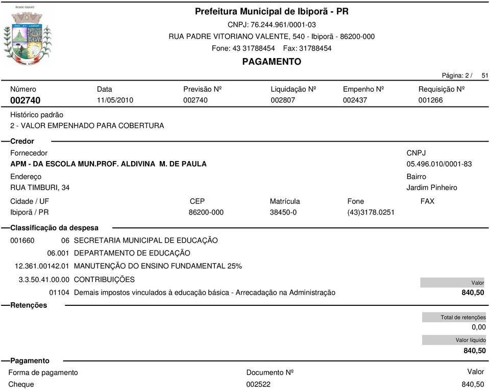 010/0001-83 001660 06 SECRETARIA MUNICIPAL DE EDUCAÇÃO 06.001 DEPARTAMENTO DE EDUCAÇÃO 12.361.00142.