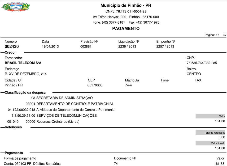 018 Atividades do Departamento de Controle Patrimonial 001040 00000 Recursos