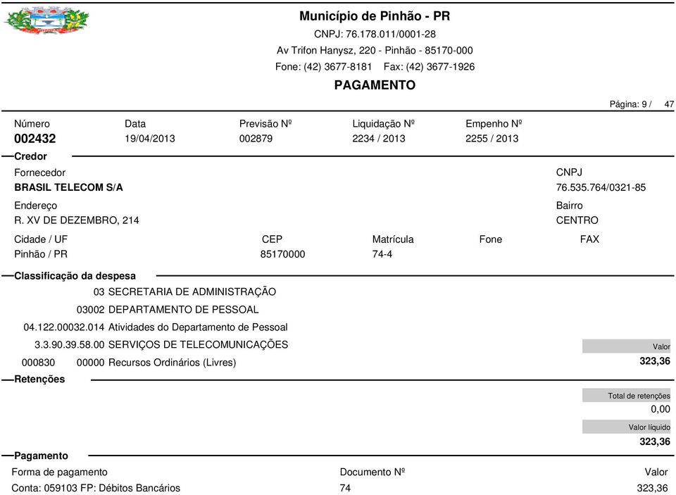 014 Atividades do Departamento de Pessoal 000830 00000 Recursos Ordinários