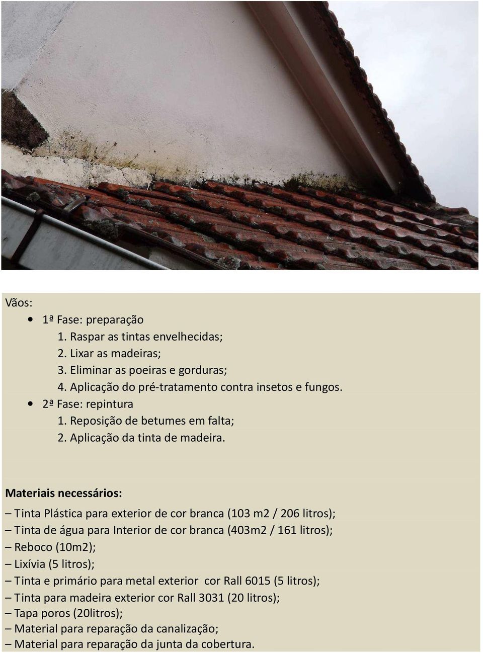 Materiais necessários: Tinta Plástica para exterior de cor branca (103 m2 / 206 litros); Tinta de água para Interior de cor branca (403m2 / 161 litros); Reboco (10m2);