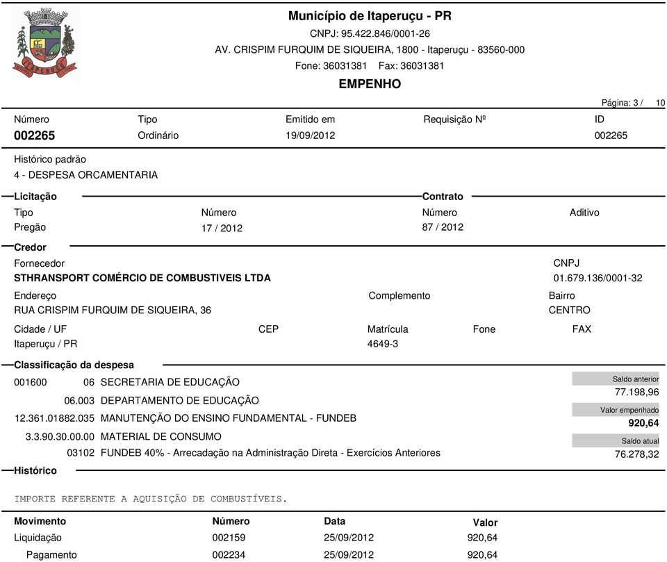 EDUCAÇÃO 06.003 DEPARTAMENTO DE EDUCAÇÃO 12.361.01882.