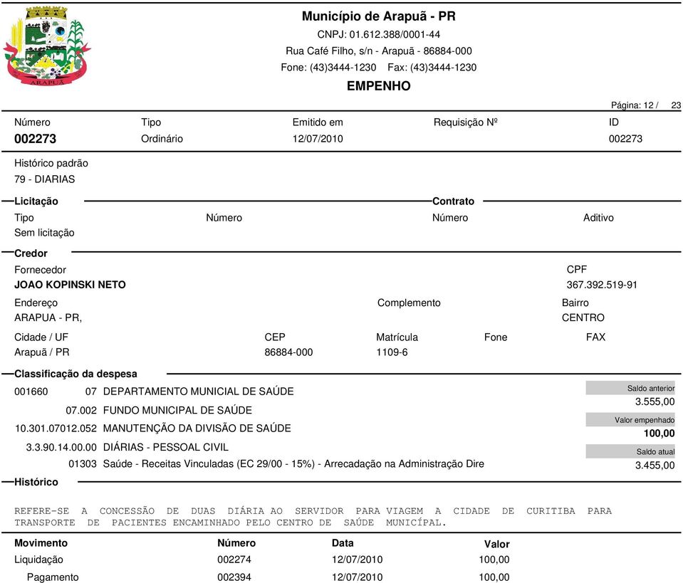 3.90.14.00.00 DIÁRIAS - PESSOAL CIVIL 01303 Saúde - Receitas Vinculadas (EC 29/00-15%) - Arrecadação na Administração Dire 3.555,00 100,00 3.