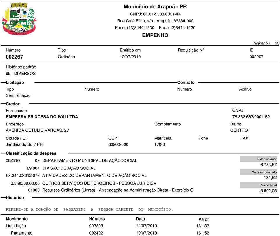 663/0001-62 CENTRO Jandaia do Sul / PR 86900-000 170-8 002510 09 DEPARTAMENTO MUNICIPAL DE AÇÃO SOCIAL 09.
