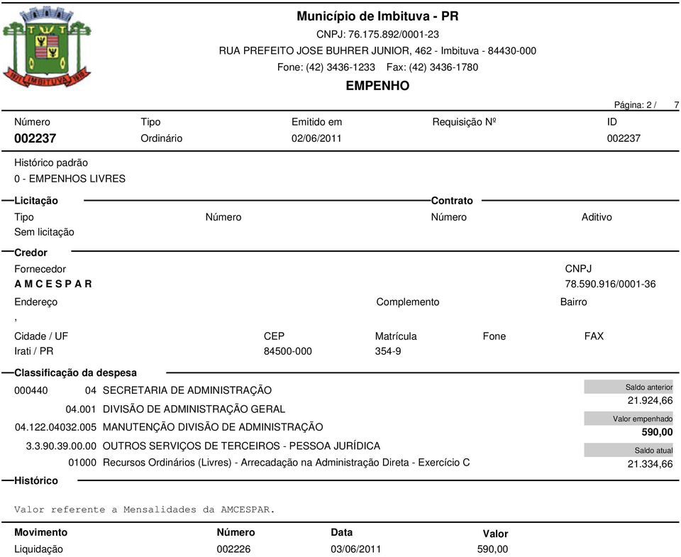 001 DIVISÃO DE ADMINISTRAÇÃO GERAL 04.122.04032.005 MANUTENÇÃO DIVISÃO DE ADMINISTRAÇÃO 21.