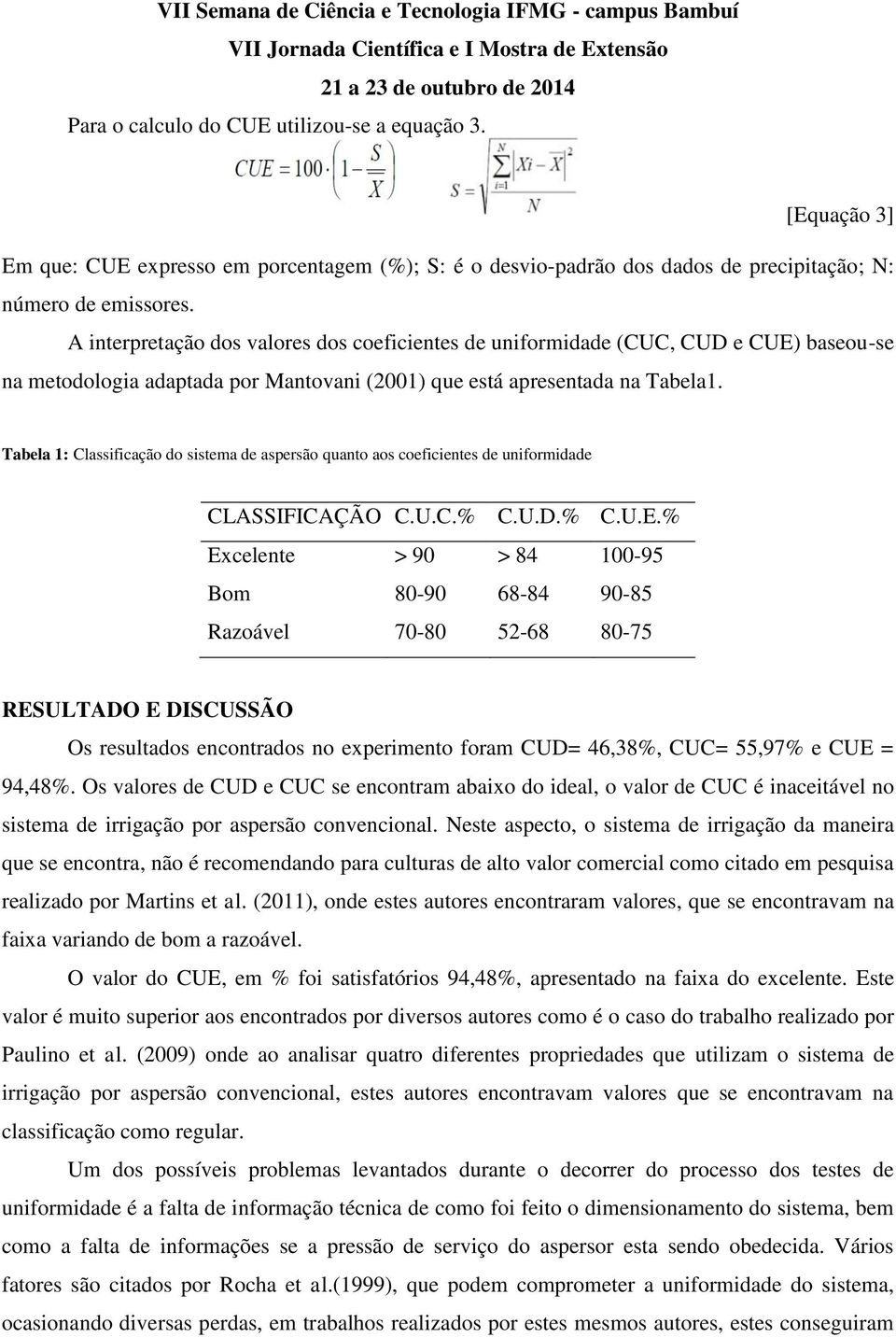 Tabela 1: Classificação do sistema de aspersão quanto aos coeficientes de uniformidade CLASSIFICAÇÃO C.U.C.% C.U.D.% C.U.E.