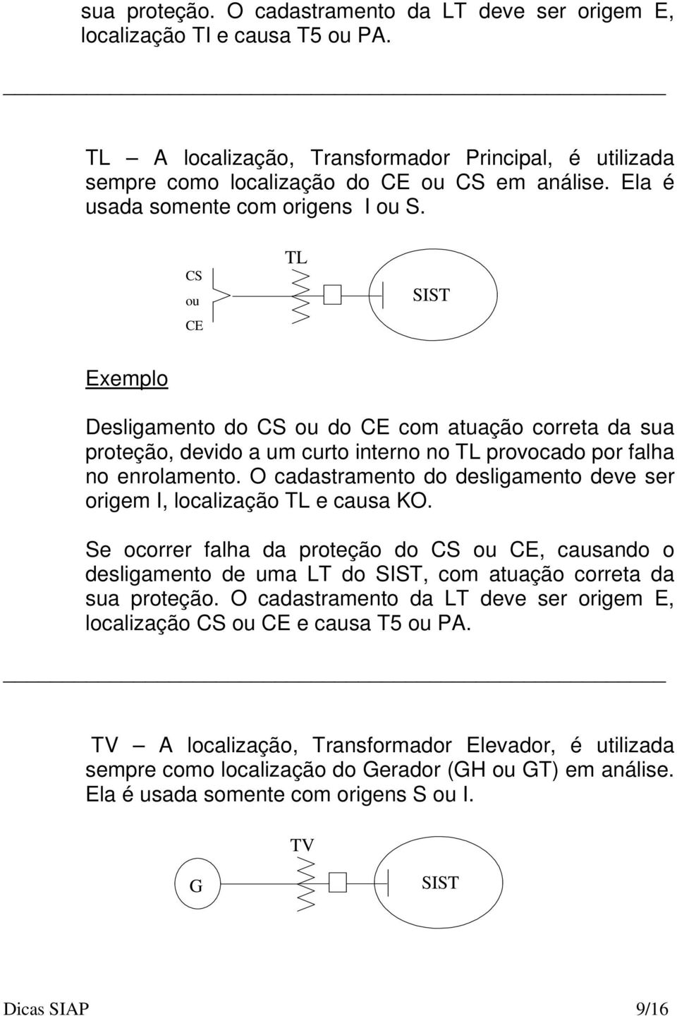 O cadastramento do desligamento deve ser origem I, localização TL e causa KO. Se ocorrer falha da proteção do CS ou CE, causando o desligamento de uma LT do SIST, com atuação correta da sua proteção.