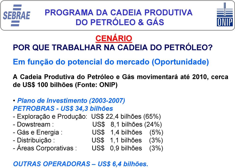 bilhões (Fonte: ONIP) Plano de Investimento (2003-2007) PETROBRAS - US$ 34,3 bilhões - Exploração e Produção: US$ 22,4