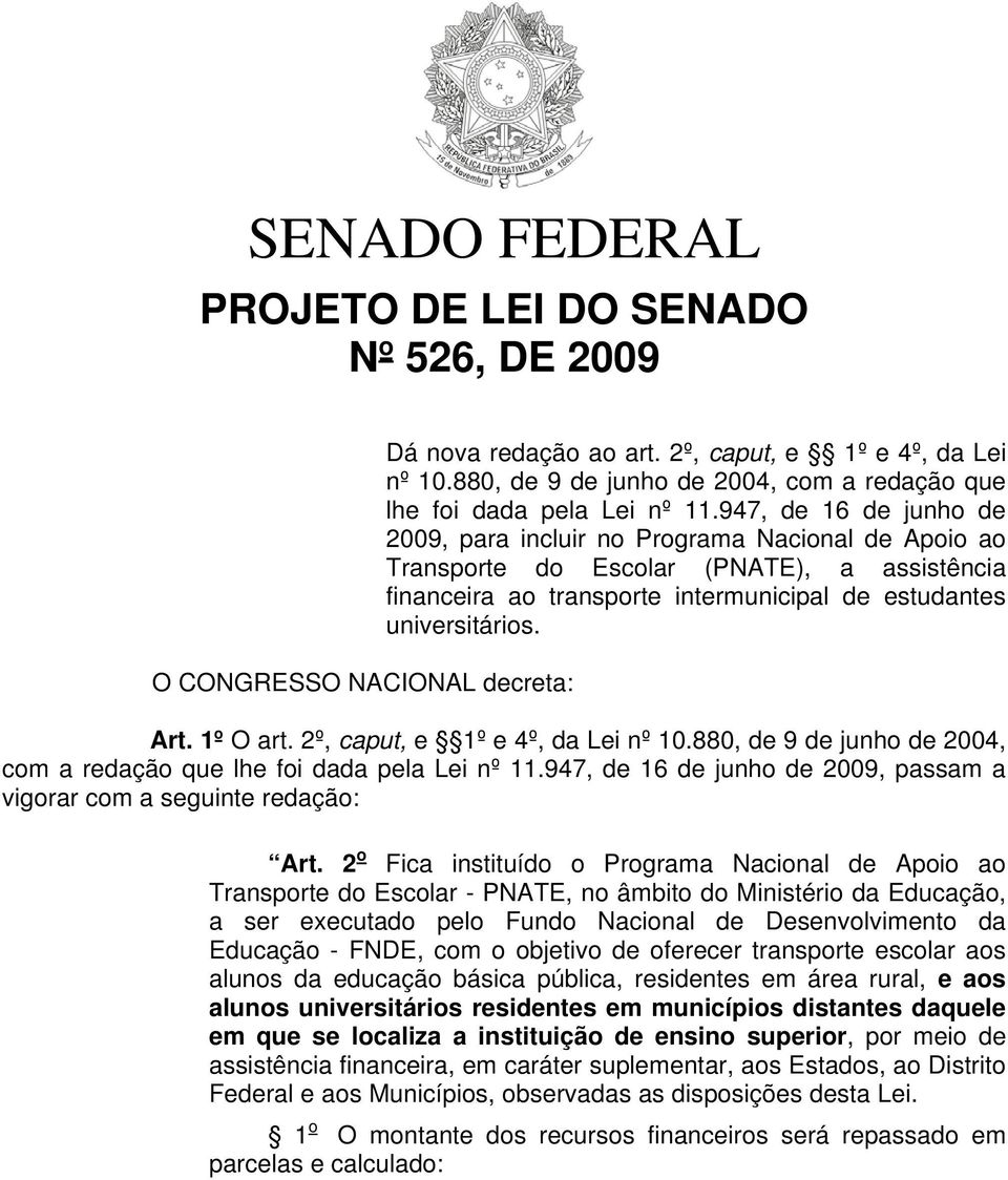 947, de 16 de junho de 2009, para incluir no Programa Nacional de Apoio ao Transporte do Escolar (PNATE), a assistência financeira ao transporte intermunicipal de estudantes universitários. Art.