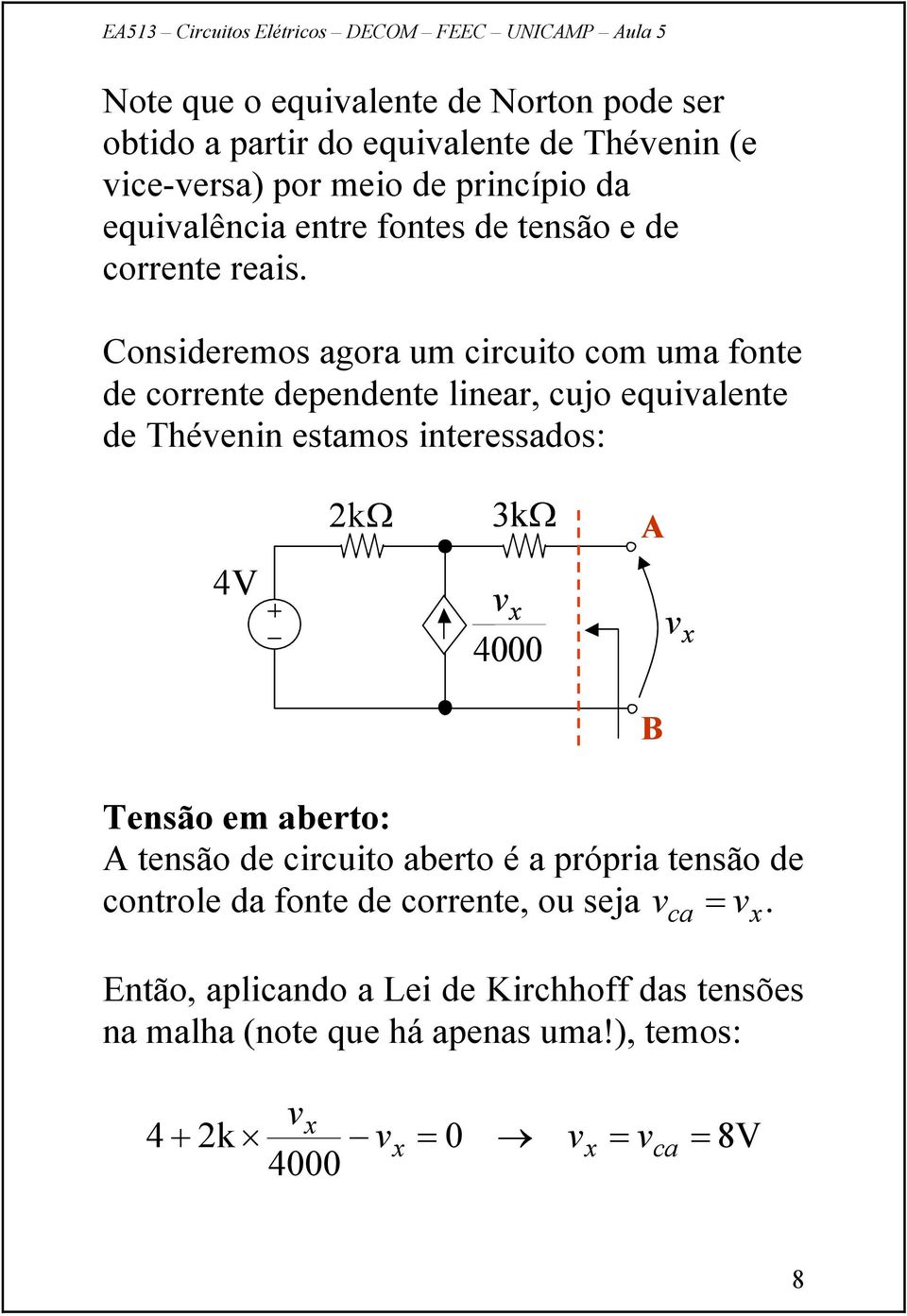 Consderemos agora um crcuto com uma fonte de corrente dependente lnear, cujo equvalente de Thévenn estamos nteressados: k 4000 A