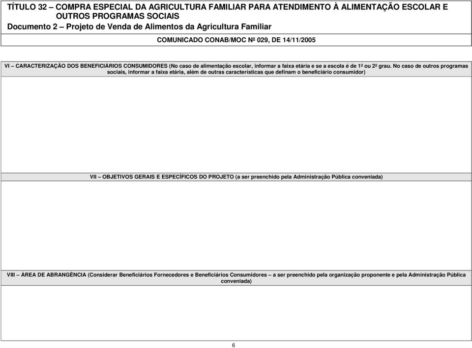 OBJETIVOS GERAIS E ESPECÍFICOS DO PROJETO (a ser preenchido pela Administração Pública conveniada) VIII ÁREA DE ABRANGÊNCIA (Considerar