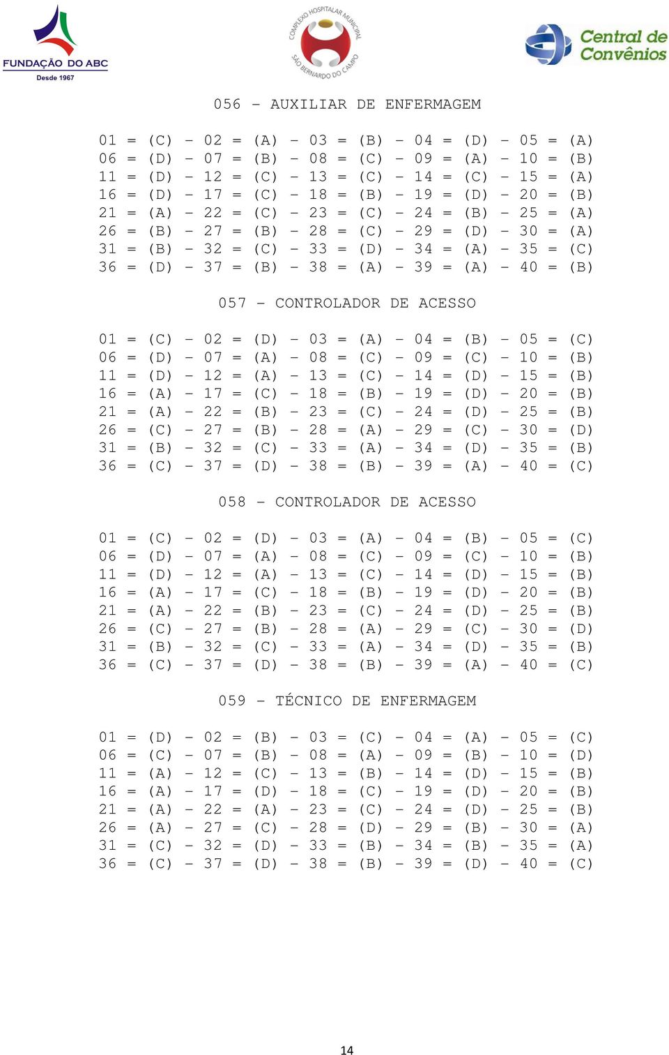 (C) 36 = (D) - 37 = (B) - 38 = (A) - 39 = (A) - 40 = (B) 057 - CONTROLADOR DE ACESSO 06 = (D) - 07 = (A) - 08 = (C) - 09 = (C) - 10 = (B) 11 = (D) - 12 = (A) - 13 = (C) - 14 = (D) - 15 = (B) 16 = (A)