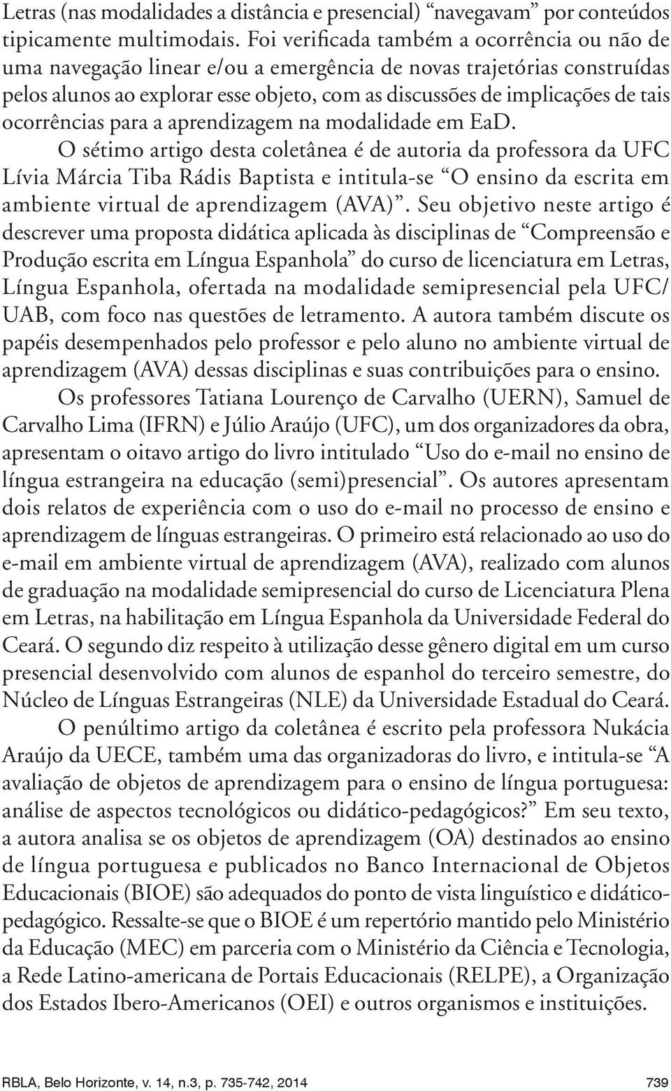 ocorrências para a aprendizagem na modalidade em EaD.