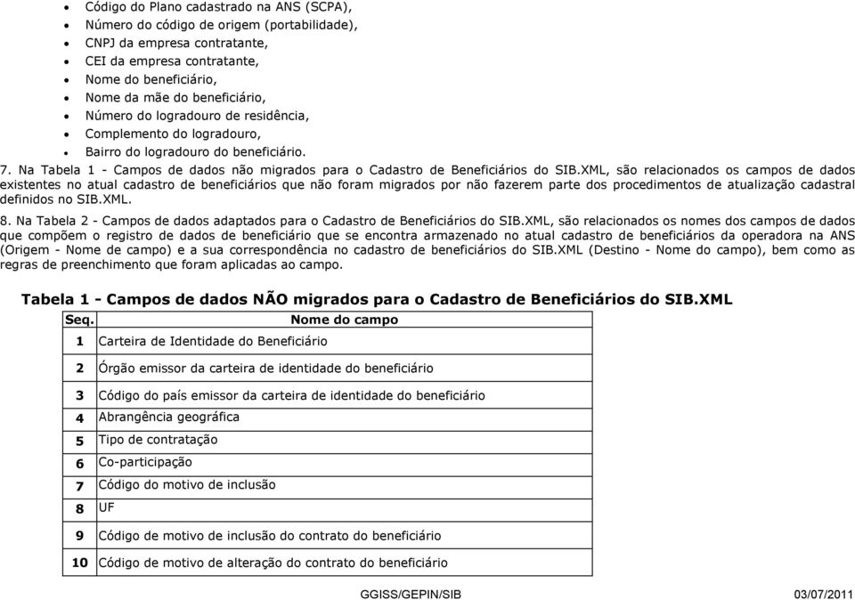 XML, são relacionados os campos de dados existentes no atual cadastro de s que não foram migrados por não fazerem parte dos procedimentos de atualização cadastral definidos no SIB.XML. 8.