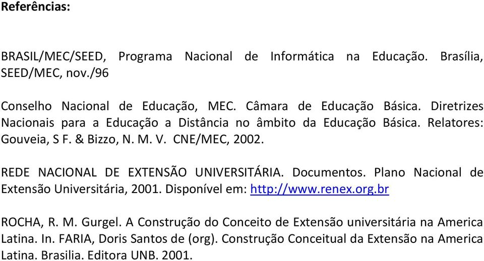 REDE NACIONAL DE EXTENSÃO UNIVERSITÁRIA. Documentos. Plano Nacional de Extensão Universitária, 2001. Disponível em: http://www.renex.org.br ROCHA, R. M. Gurgel.