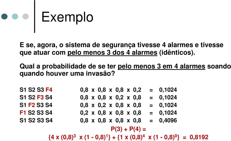 S1 S2 S3 F4 0,8 0,8 0,8 0,2 = 0,1024 S1 S2 F3 S4 0,8 0,8 0,2 0,8 = 0,1024 S1 F2 S3 S4 0,8 0,2 0,8 0,8 = 0,1024 F1 S2