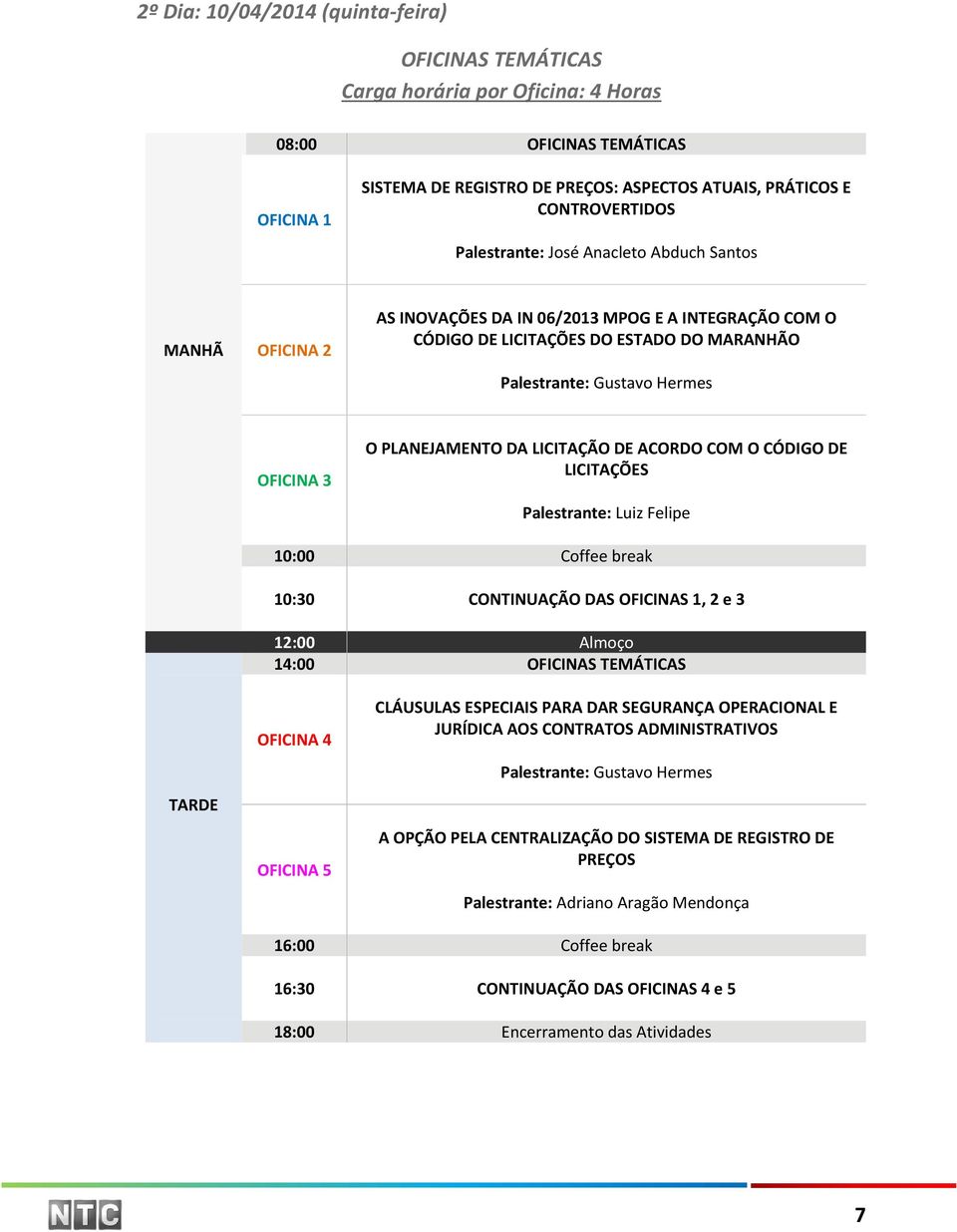 PLANEJAMENTO DA LICITAÇÃO DE ACORDO COM O CÓDIGO DE LICITAÇÕES Palestrante: Luiz Felipe 10:00 Coffee break 10:30 CONTINUAÇÃO DAS OFICINAS 1, 2 e 3 12:00 Almoço 14:00 OFICINAS TEMÁTICAS TARDE OFICINA