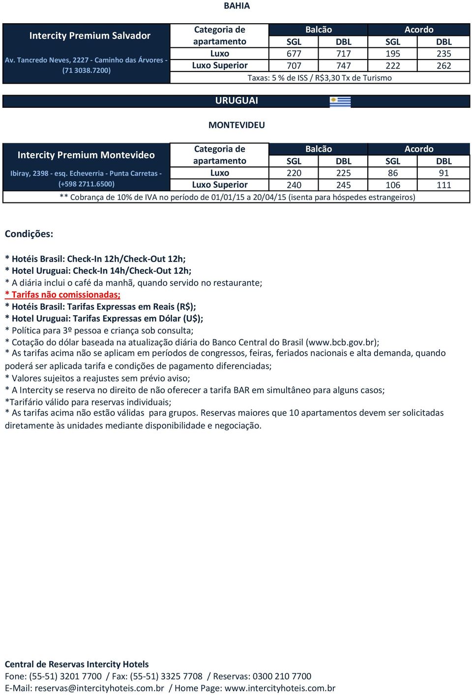 6500) Superior 240 245 106 111 ** Cobrança de 10% de IVA no período de 01/01/15 a 20/04/15 (isenta para hóspedes estrangeiros) Condições: * Hotéis Brasil: Check-In 12h/Check-Out 12h; * Hotel Uruguai: