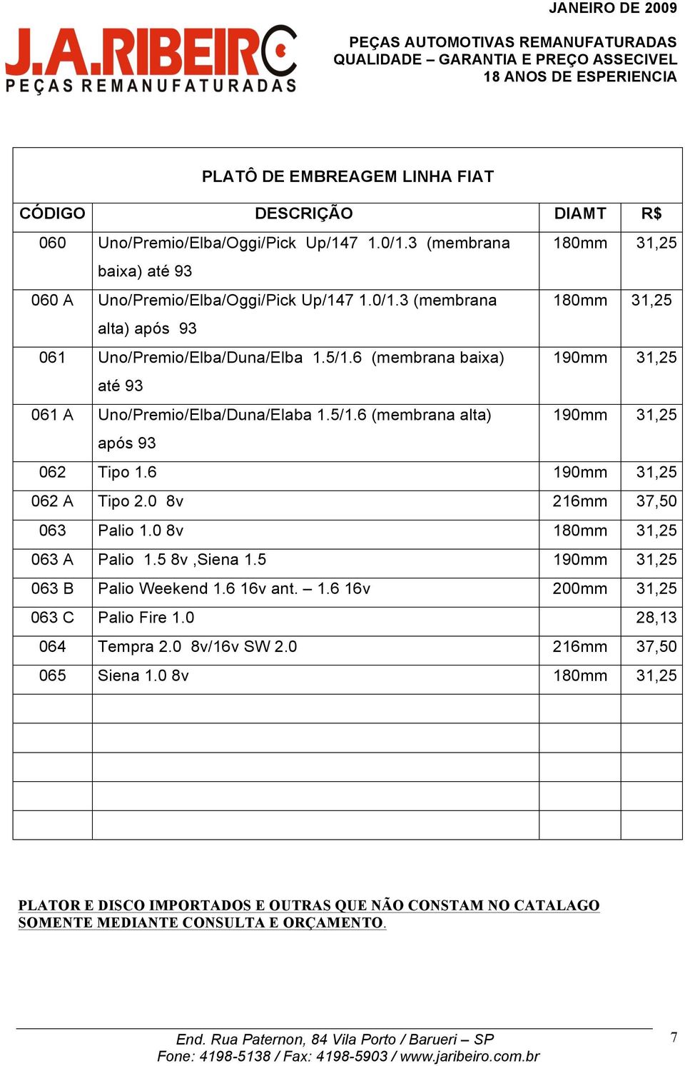 0 8v 180mm 31,25 063 A Palio 1.5 8v,Siena 1.5 190mm 31,25 063 B Palio Weekend 1.6 16v ant. 1.6 16v 200mm 31,25 063 C Palio Fire 1.0 28,13 064 Tempra 2.0 8v/16v SW 2.