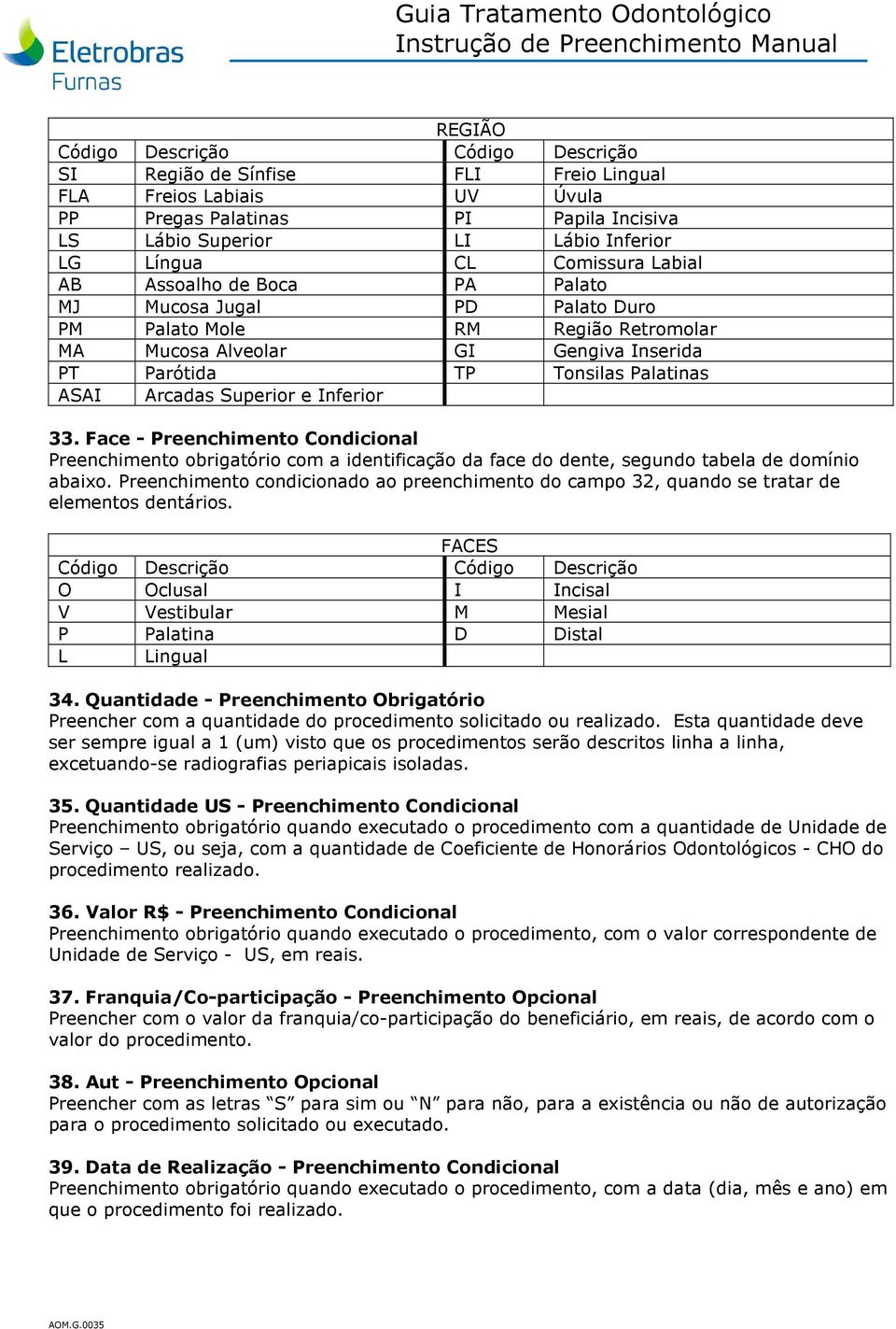 Face - Preenchimento Condicional Preenchimento obrigatório com a identificação da face do dente, segundo tabela de domínio abaixo.