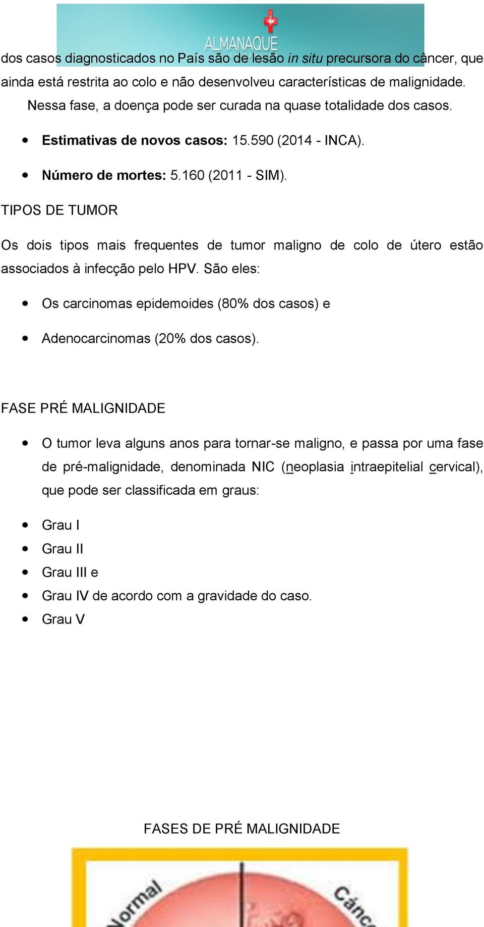 TIPOS DE TUMOR Os dois tipos mais frequentes de tumor maligno de colo de útero estão associados à infecção pelo HPV.