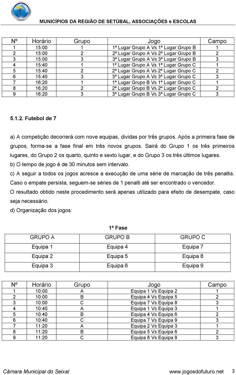 Vs 2º Lugar Grupo C 2 9 16:20 3 3º Lugar Grupo B Vs 3º Lugar Grupo C 3 5.1.2. Futebol de 7 a) A competição decorrerá com nove equipas, dividas por três grupos.