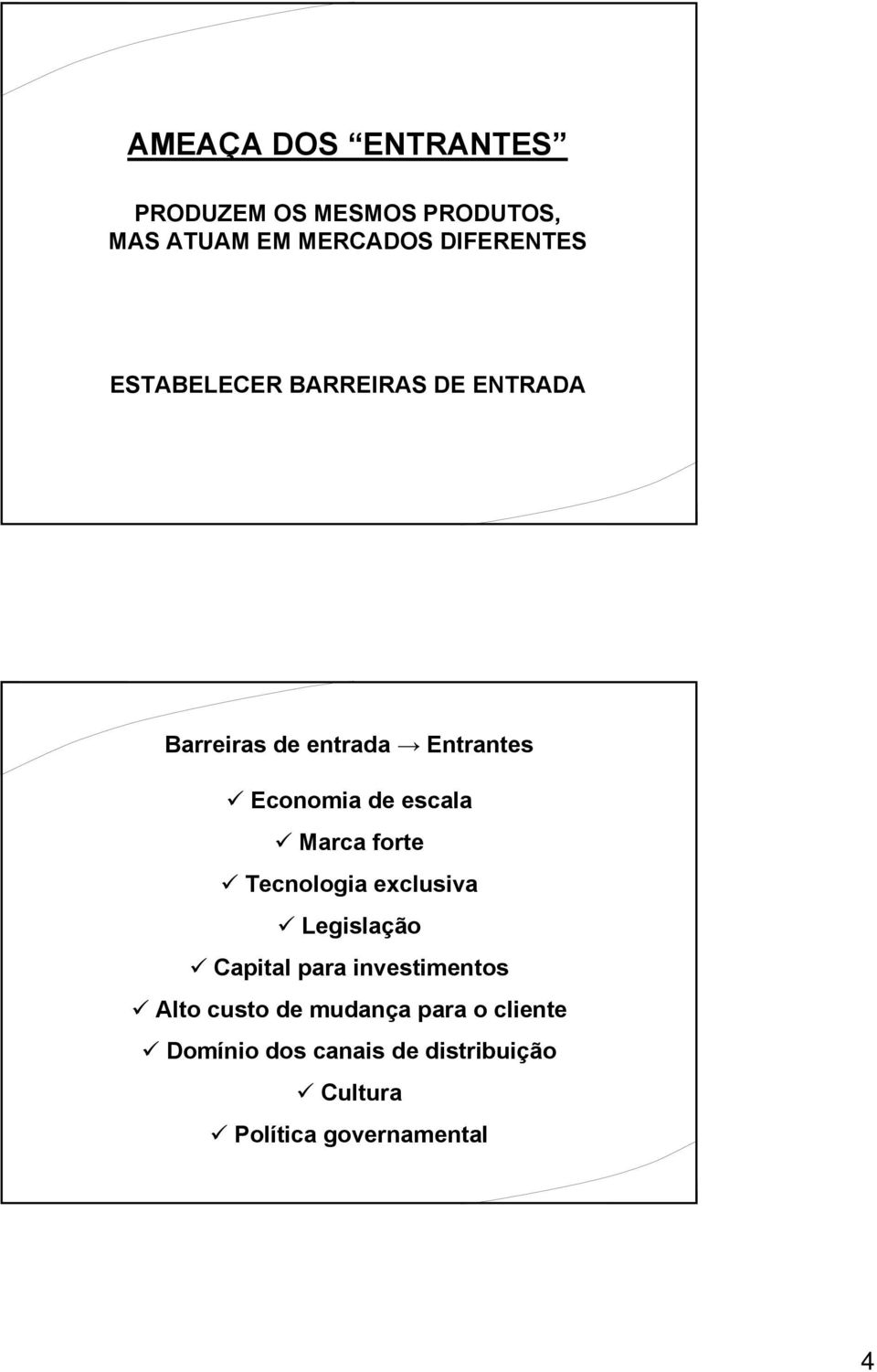 Marca forte Tecnologia exclusiva Legislação Capital para investimentos Alto custo de