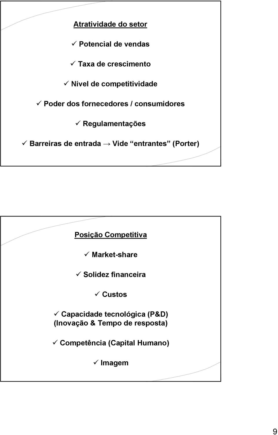 entrada Vide entrantes (Porter) Posição Competitiva Market-share Solidez financeira