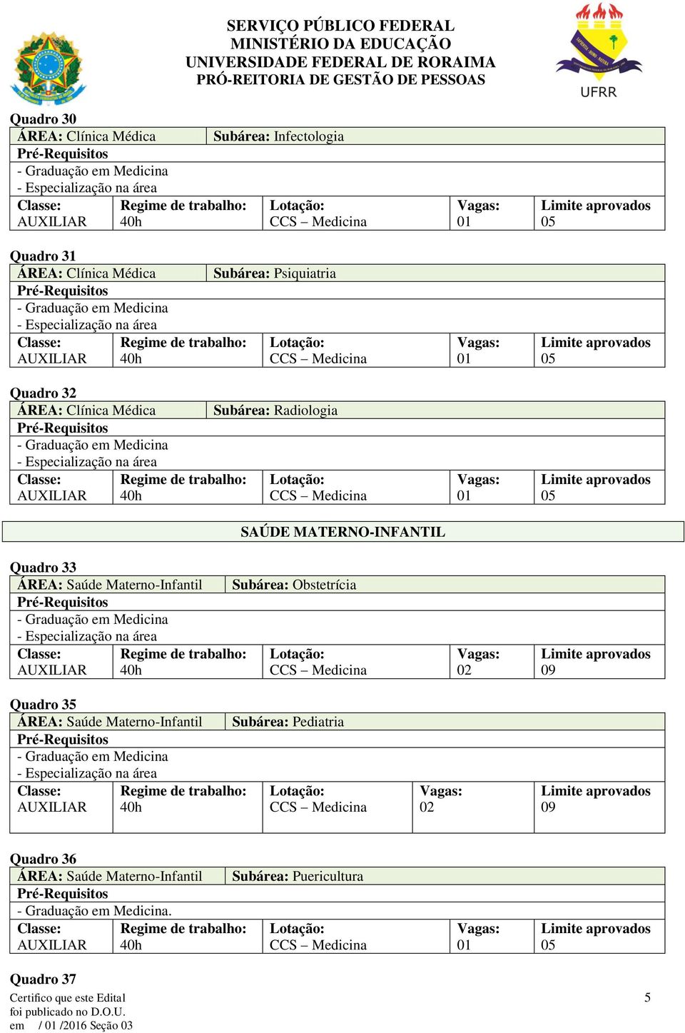 Obstetrícia Quadro 35 ÁREA: Saúde Materno-Infantil Subárea: Pediatria Quadro 36 ÁREA: