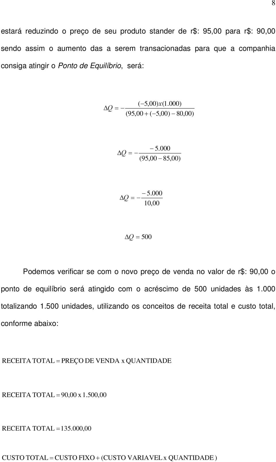 000 Q = 10,00 Q = 500 Podemos verificar se com o novo preço de venda no valor de r$: 90,00 o ponto de equilíbrio será atingido com o acréscimo de 500 unidades às 1.