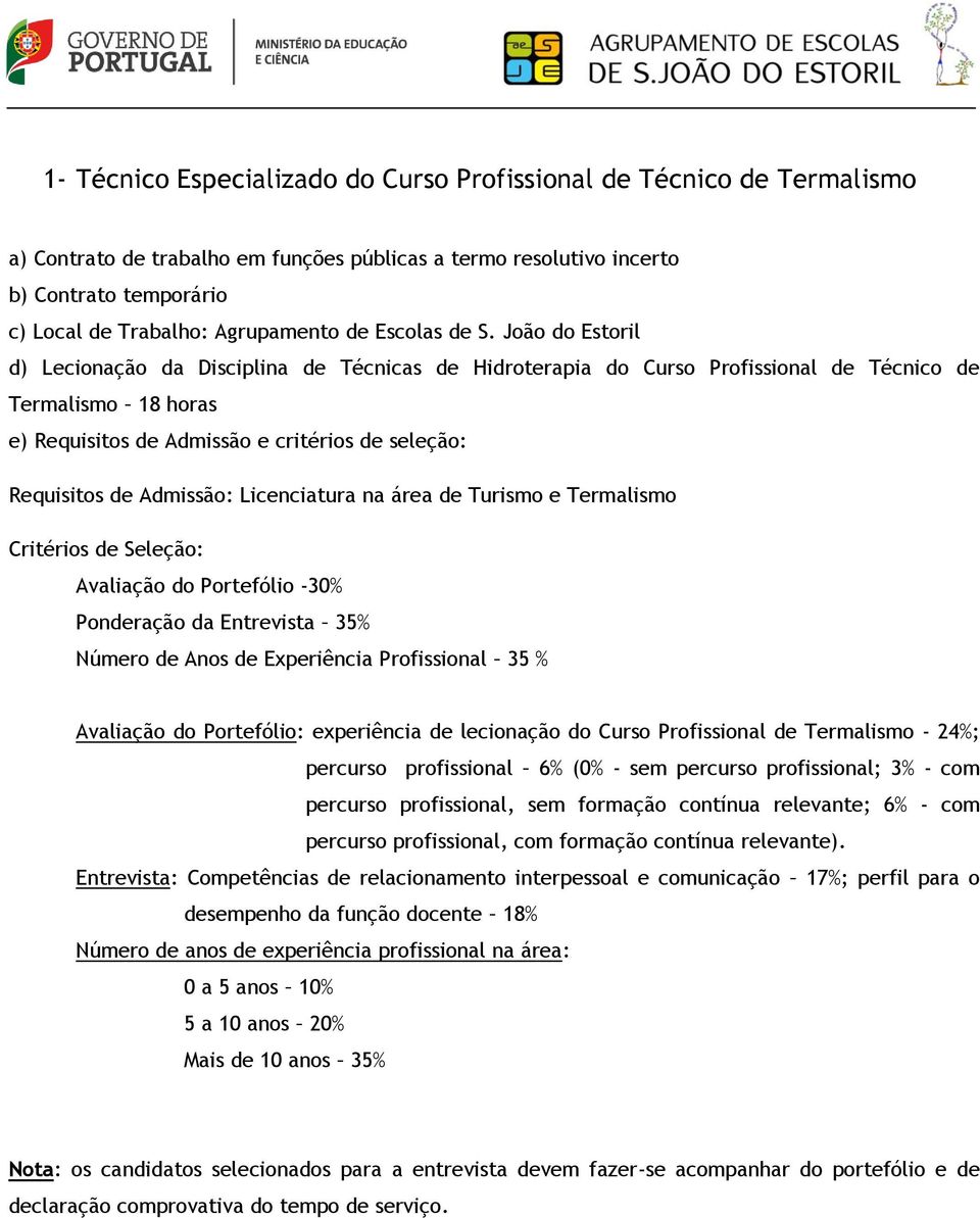 do Portefólio: experiência de lecionação do Curso Profissional de Termalismo - 24%; percurso profissional 6% (0% - sem percurso