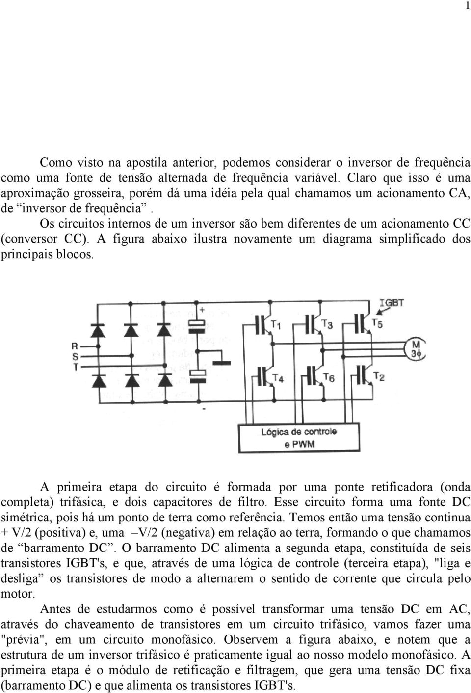 Os circuitos internos de um inversor são bem diferentes de um acionamento CC (conversor CC). A figura abaixo ilustra novamente um diagrama simplificado dos principais blocos.