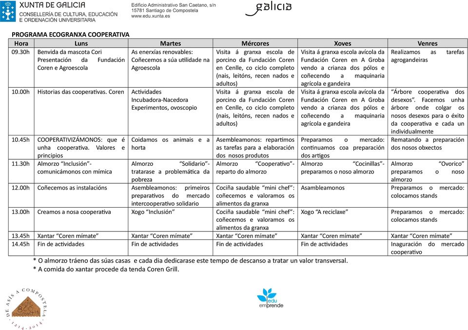 Coren Actividades Incubadora-Nacedora Experimentos, ovoscopio 10.45h COOPERATIVIZ ЊЁMONOS: que ЋБ unha cooperativa. Valores e principios 11.