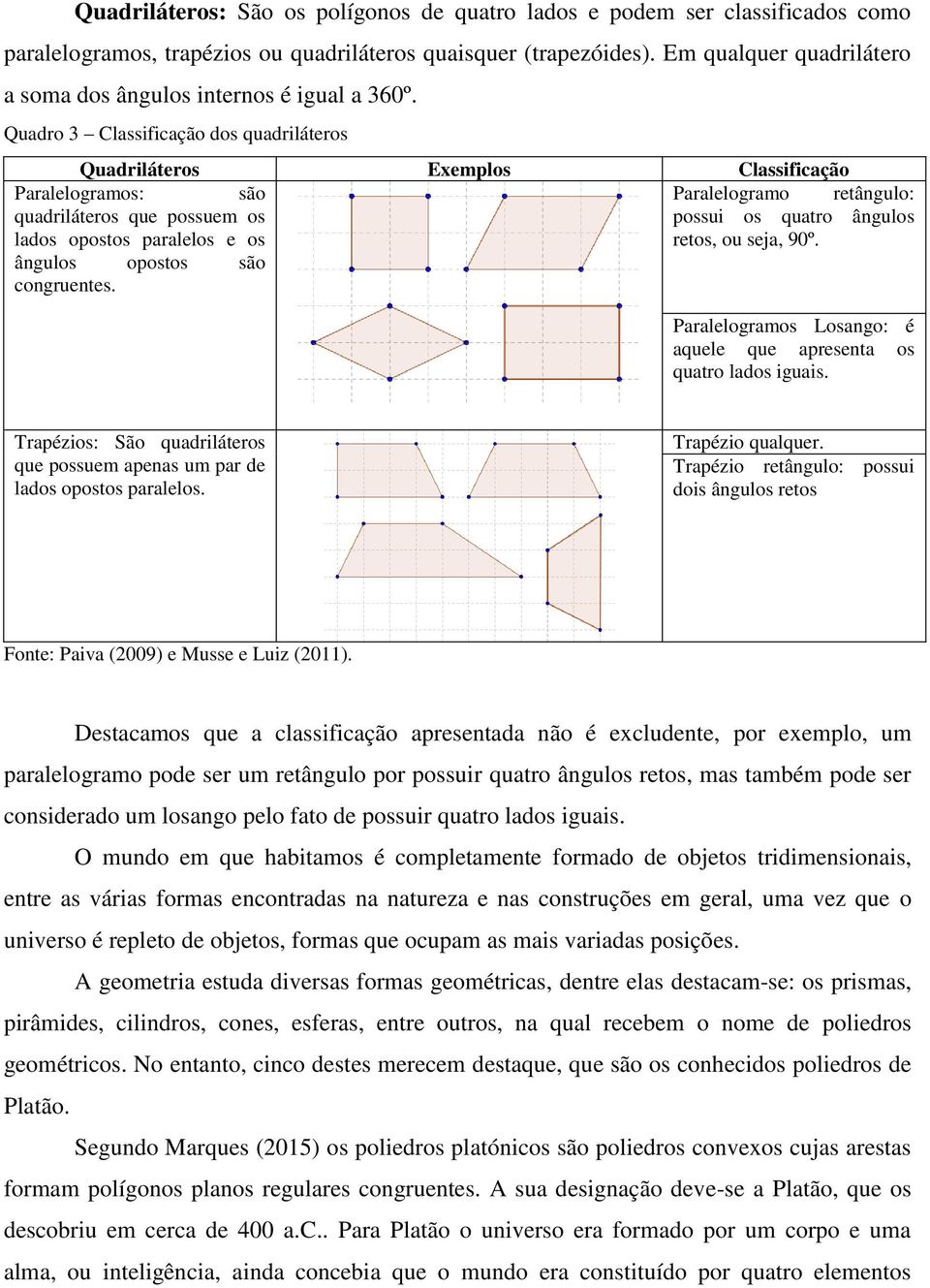 Quadro 3 Classificação dos quadriláteros Quadriláteros Exemplos Classificação Paralelogramos: são Paralelogramo retângulo: quadriláteros que possuem os lados opostos paralelos e os possui os quatro