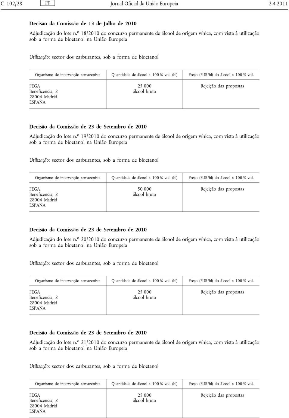 o 19/2010 do concurso permanente de álcool de origem vínica, com vista à utilização Decisão da Comissão de 23 de Setembro de 2010 Adjudicação do lote n.