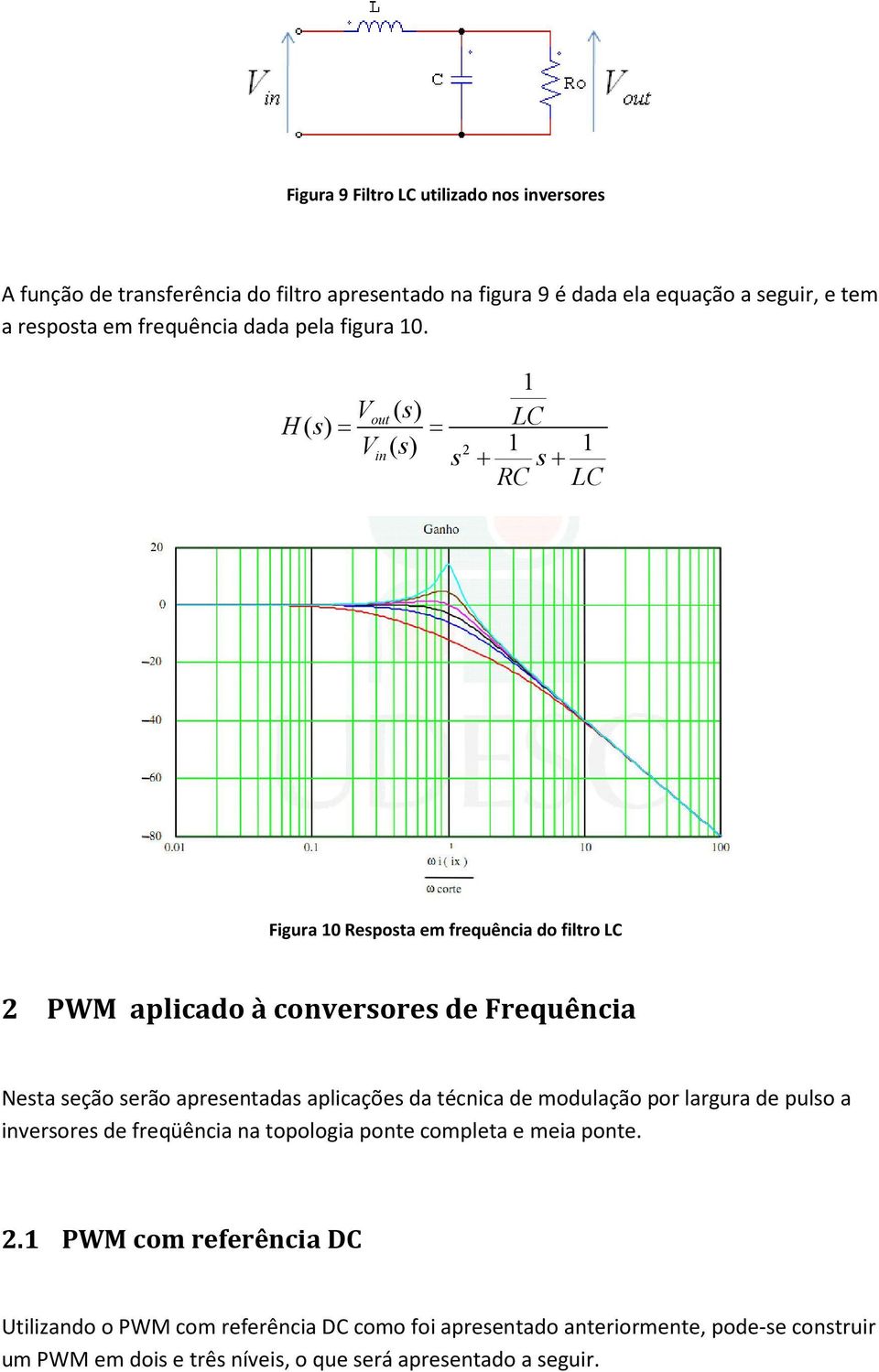 Vout ( s) H ( s) = = Vin ( s) s 2 1 LC 1 1 + s+ RC LC Figura 10 Resposta em frequência do filtro LC 2 PWM aplicado à conversores de Frequência Nesta seção serão