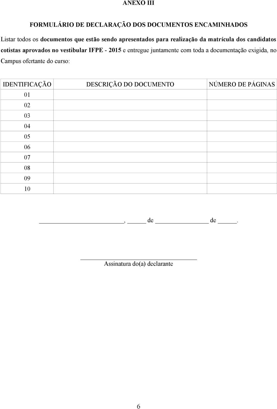 2015 e entregue juntamente com toda a documentação exigida, no Campus ofertante do curso: IDENTIFICAÇÃO