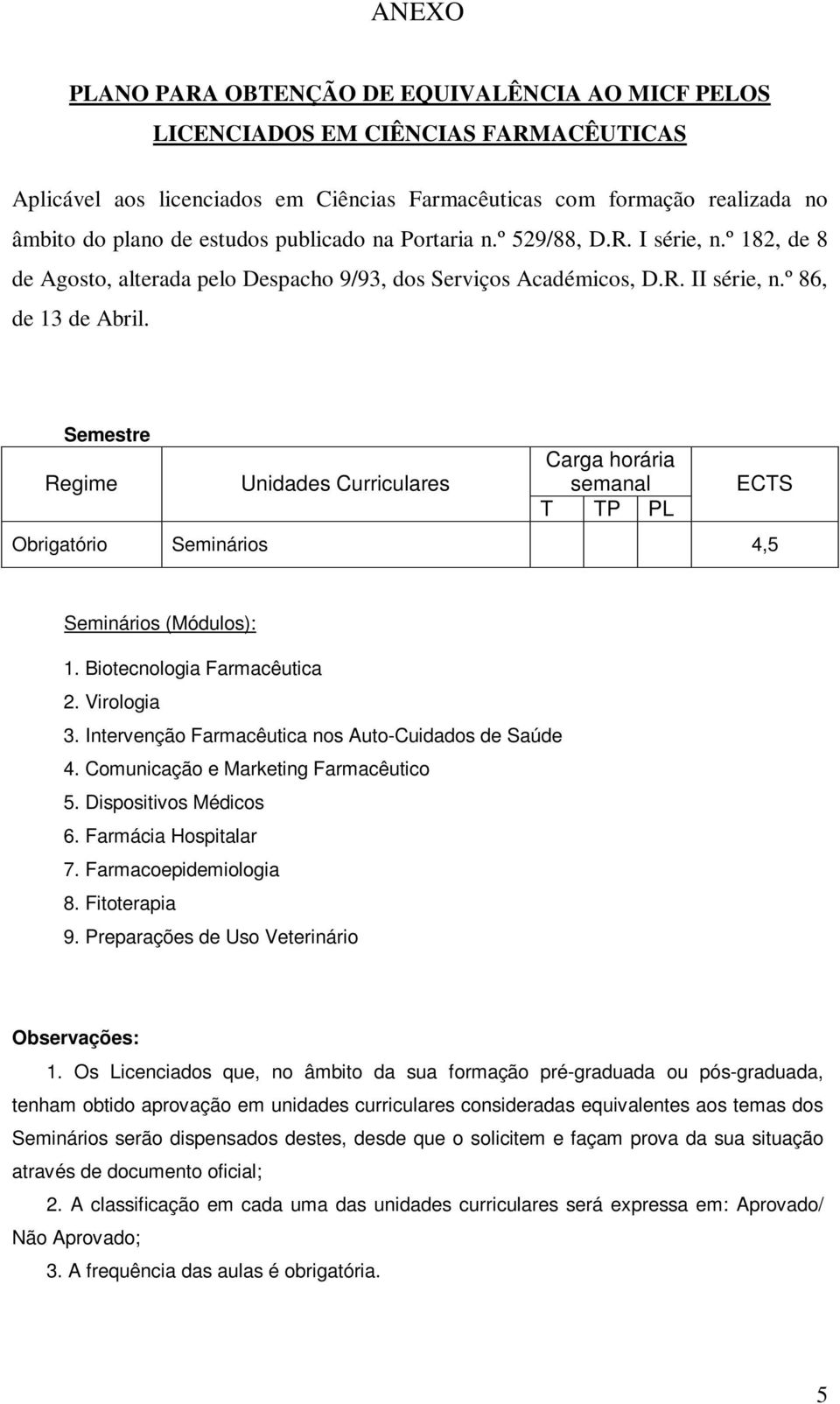 Semestre Regime Unidades Curriculares Carga horária semanal ECTS T TP PL Obrigatório Seminários 4,5 Seminários (Módulos): 1. Biotecnologia Farmacêutica 2. Virologia 3.