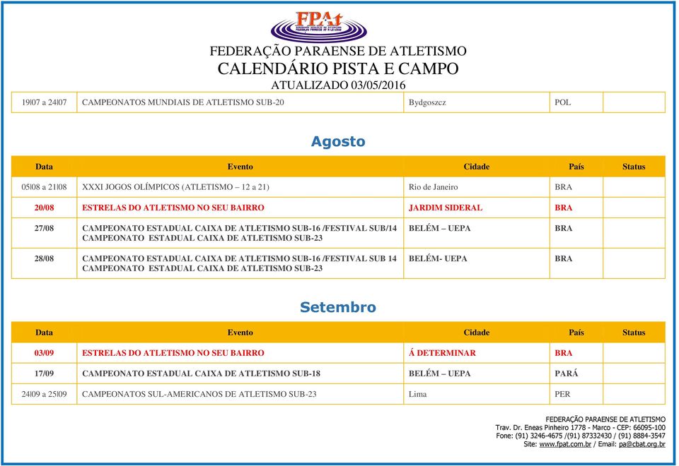 CAMPEONATO ESTADUAL CAIXA DE ATLETISMO SUB-16 /FESTIVAL SUB 14 CAMPEONATO ESTADUAL CAIXA DE ATLETISMO SUB-23 BELÉM UEPA BELÉM- UEPA BRA BRA Setembro 03/09 ESTRELAS DO