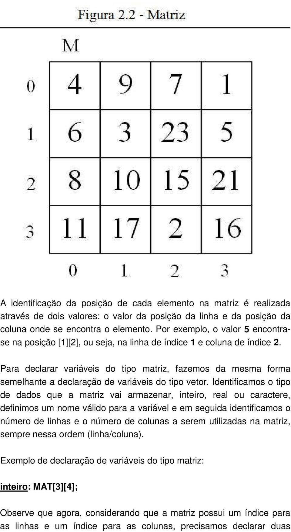 Para declarar variáveis do tipo matriz, fazemos da mesma forma semelhante a declaração de variáveis do tipo vetor.