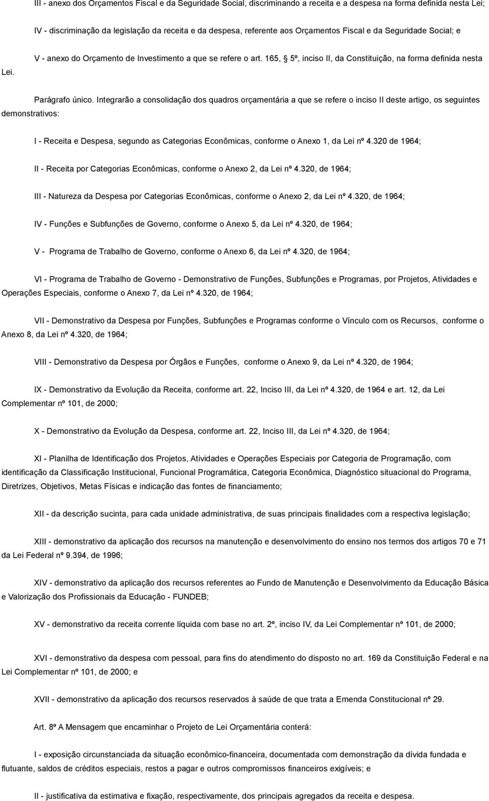 165, 5º, inciso II, da Constituição, na forma definida nesta demonstrativos: Parágrafo único.