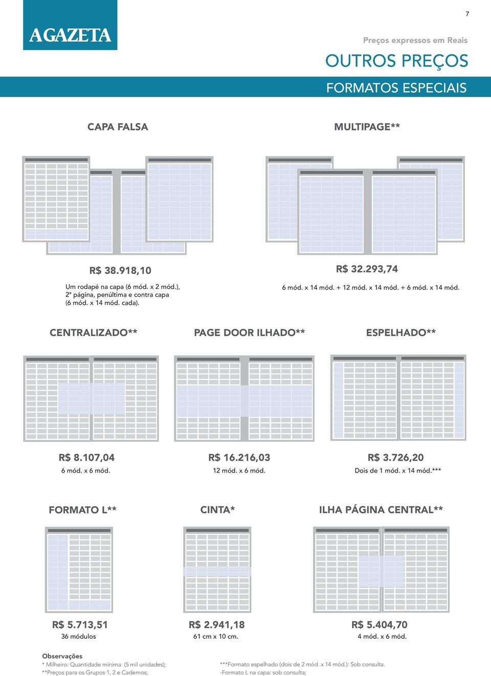 107,04 6 mód. x 6 mód. R$ 16.216,03 12 mód. x 6 mód. R$ 3.726,20 Dois de 1 mód. x 14 mód.*** FORMATO L** CINTA* ILHA PÁGINA CENTRAL** R$ 5.713,51 36 módulos R$ 2.941,18 R$ 5.