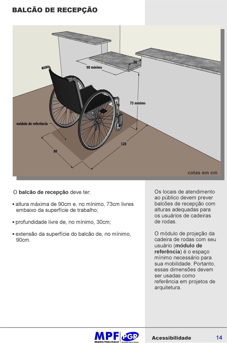 Os locais de atendimento ao público devem prever balcões de recepção com alturas adequadas para os usuários de cadeiras de rodas.