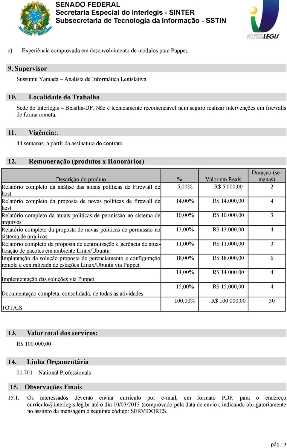 Remuneração (produtos x Honorários) Descrição do produto % Valor em Reais Duração (semanas) Relatório completo da análise das atuais políticas de Firewall de 5,00% R$ 5.