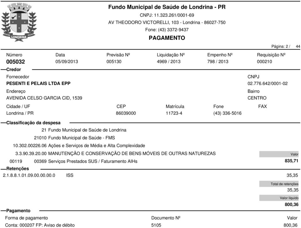 302.00226.06 Ações e Serviços de Média e Alta Complexidade 00119 00369 Serviços Prestados SUS / Faturamento AIHs 2.1.8.8.1.01.09.